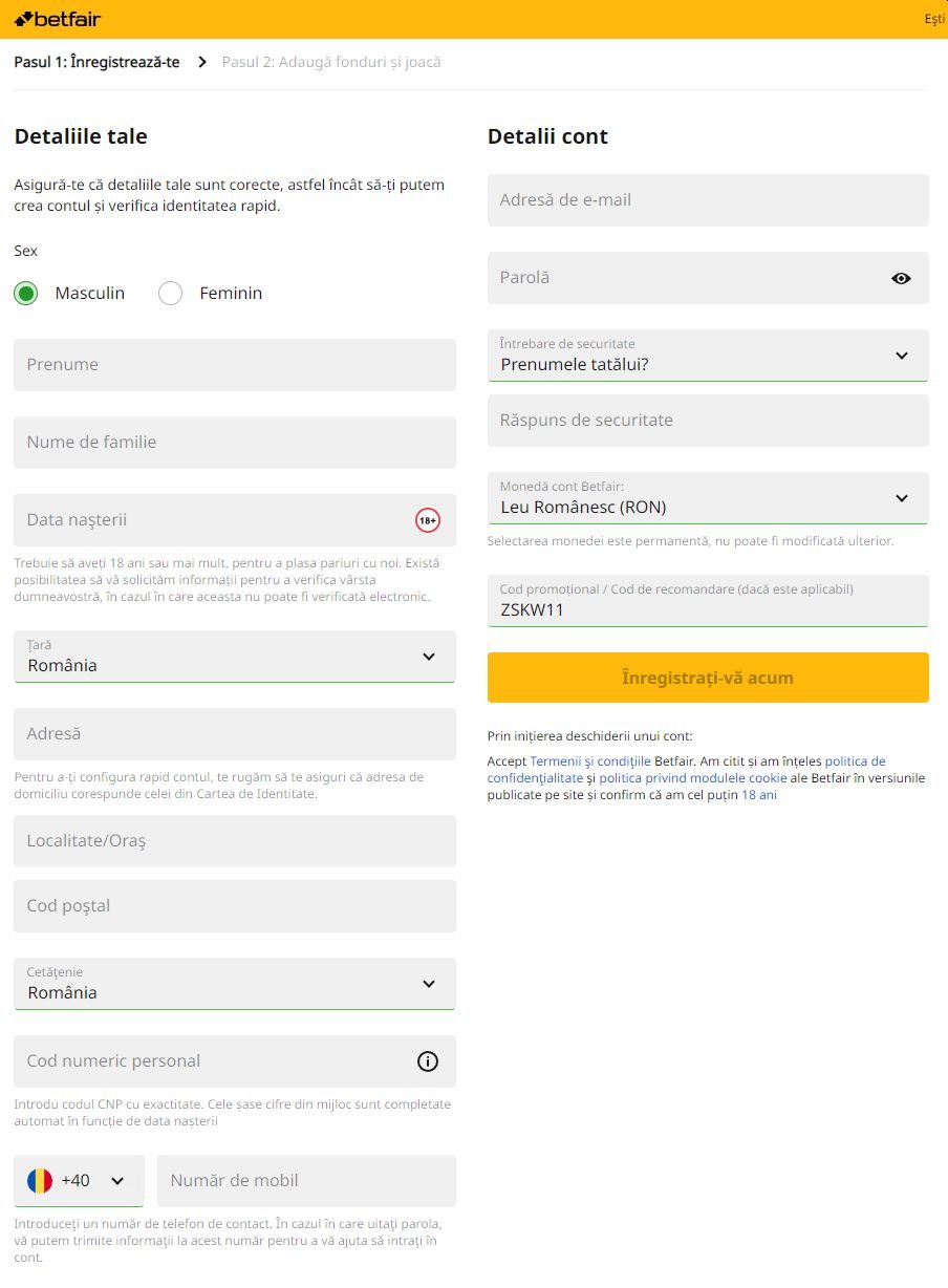 Betfair RO Înregistrare