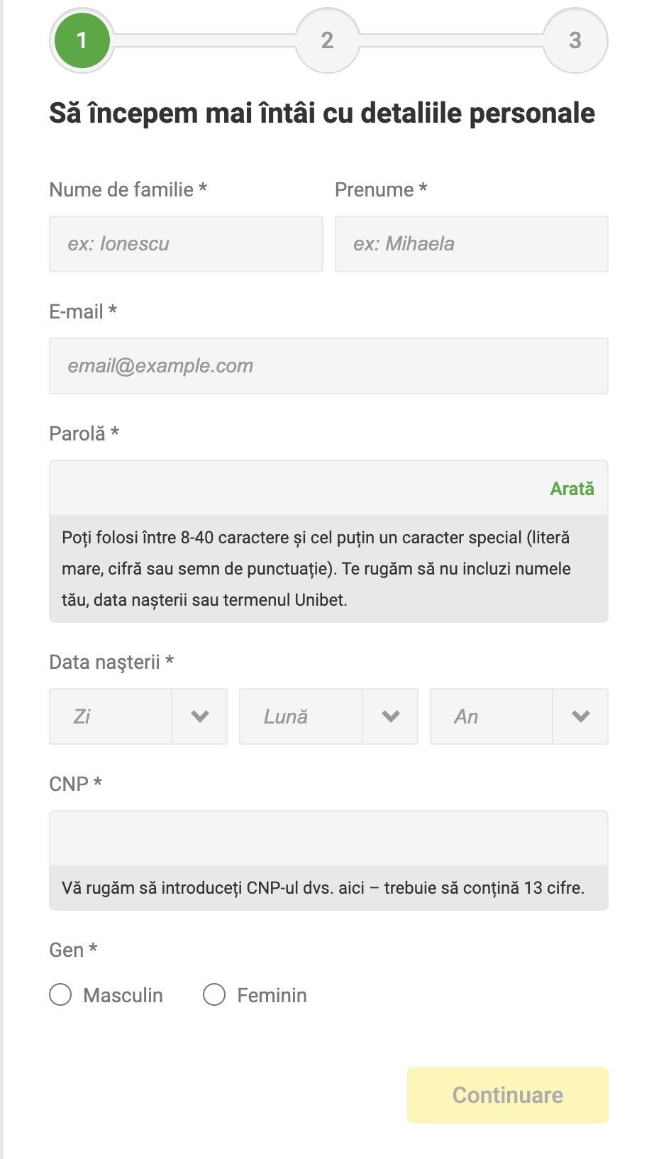 Formular înregistrare Unibet România